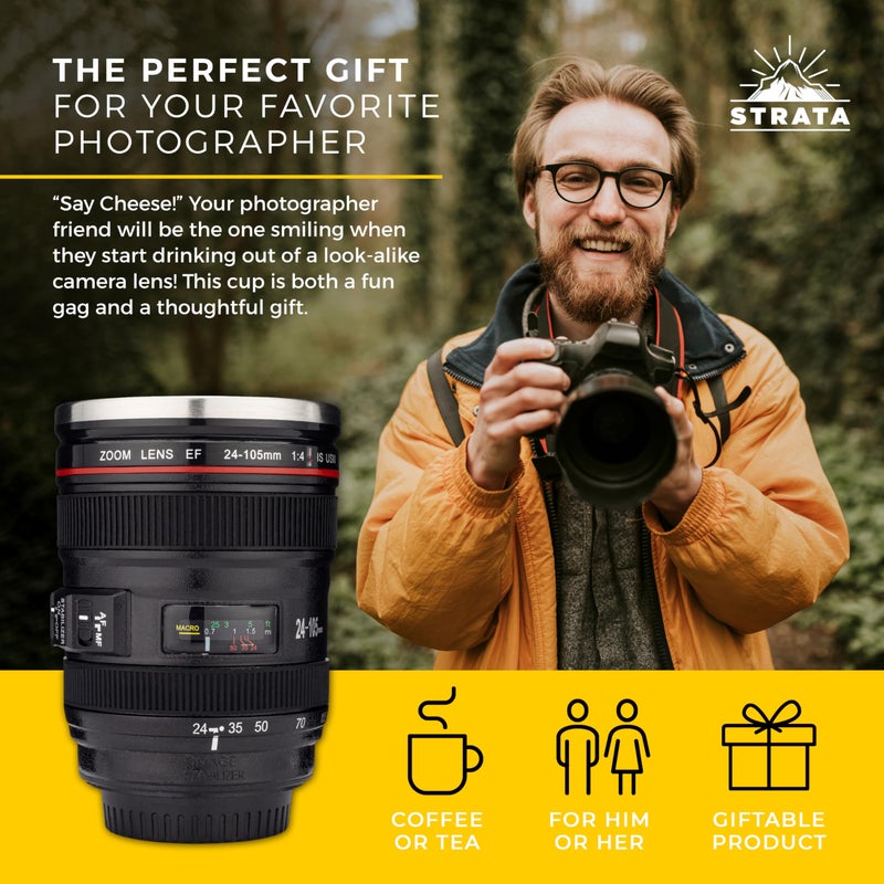 STRATA CUPS Camera Lens Coffee Mug -13.5oz | (2 LIDS + SPOON + BAG) Gift for Him, Dad Gifts, Photography, Camera accessories, Novelty Gifts - Image 4